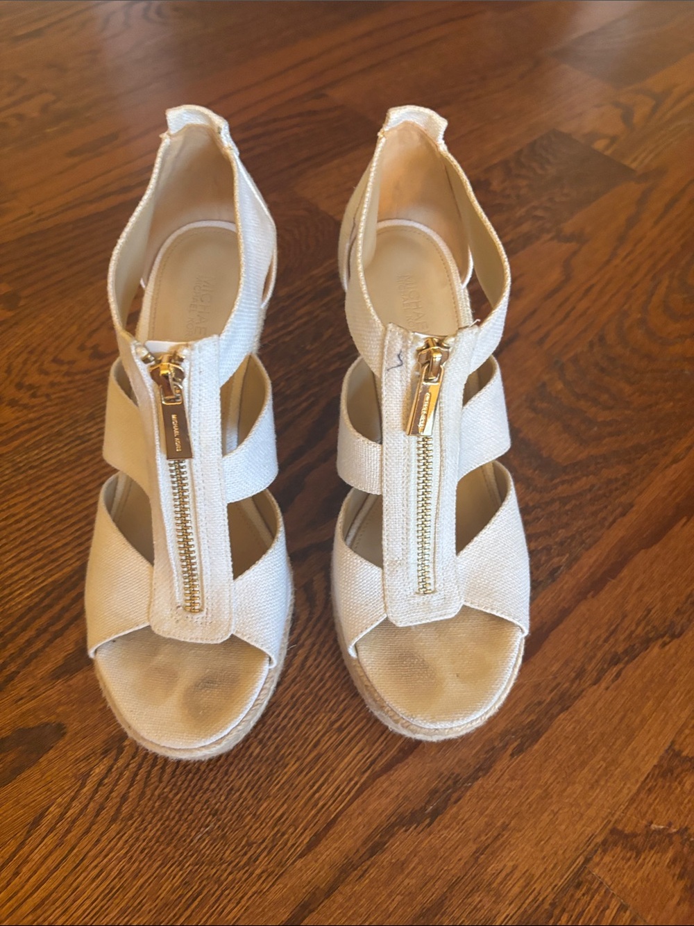 Michael Kors Cream Espadrille Wedge Sandals with Gold Zipper
